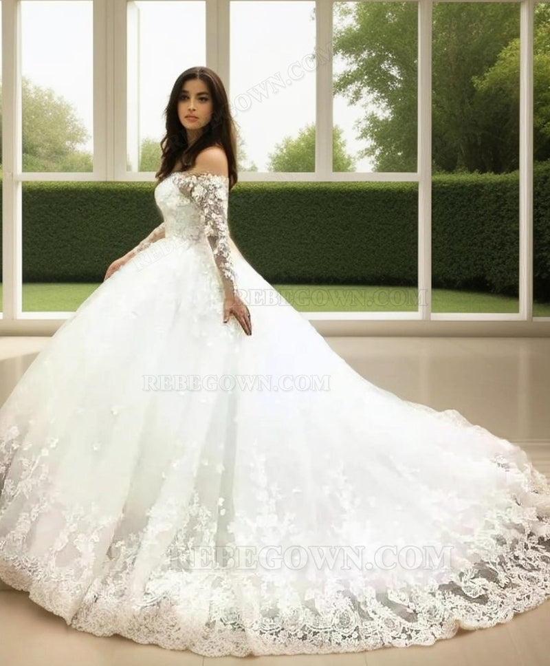 2027 Long Sleeves Off Shoulder Flowers Ball Gown Lace Up Wedding Dresses back view