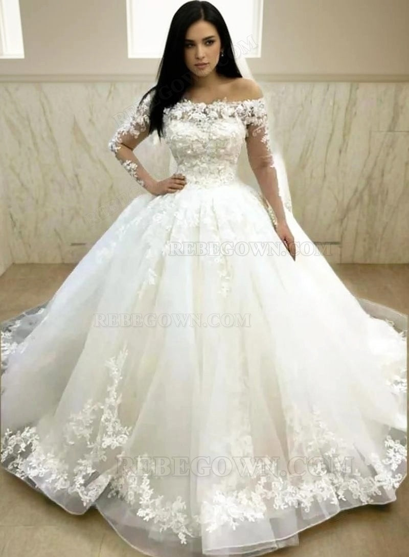 2027 Long Sleeves Off Shoulder Flowers Ball Gown Lace Up Wedding Dresses front view