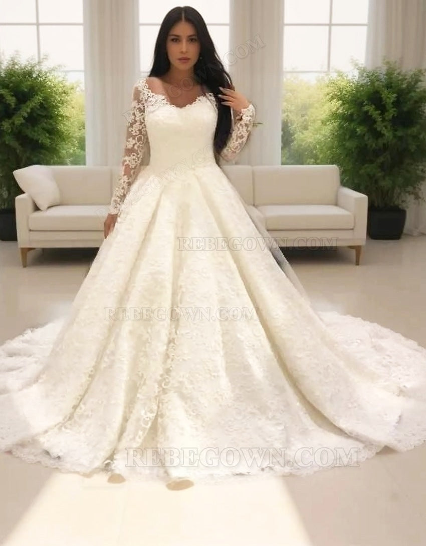 2027 Ivory A Line Long Sleeves Sweetheart Lace Long Wedding Dresses front view
