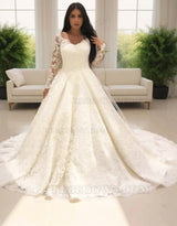 2027 Ivory A Line Long Sleeves Sweetheart Lace Long Wedding Dresses front view