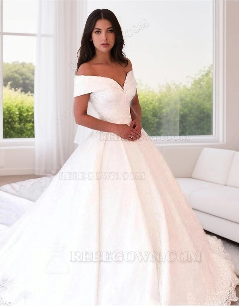2027 A Line Off Shoulder Sweetheart Capped Sleeves Satin Long Lace Wedding Dresses front view