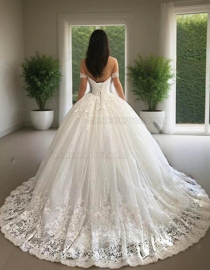 Sweetheart Off Shoulder Long Lace Ball Gown Lace Up Back Wedding Dresses 2027 back view