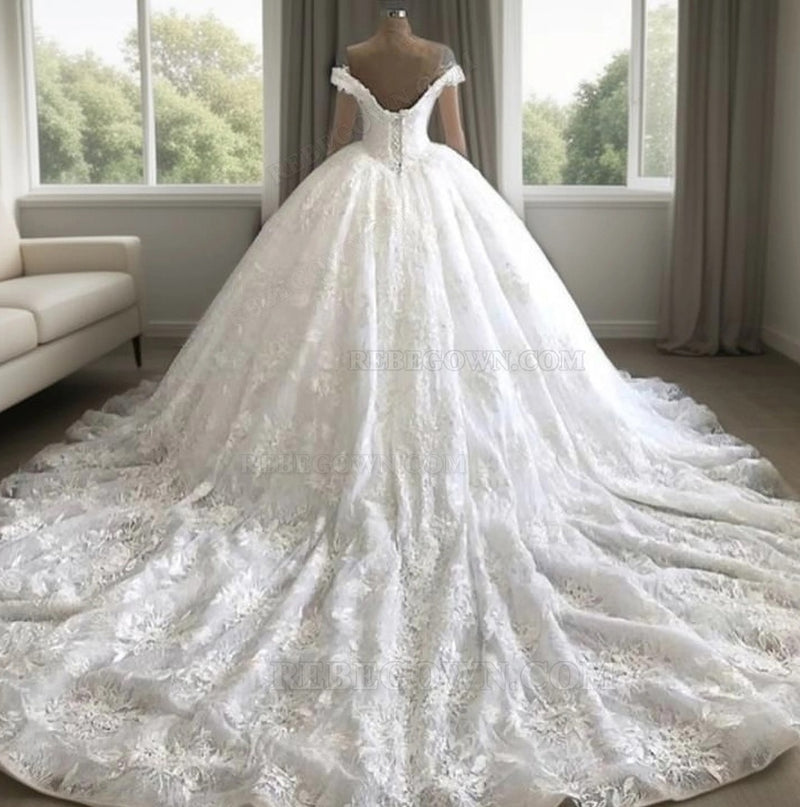 Off Shoulder Sweetheart Lace Long Ball Gown Wedding Dresses 2027 back view
