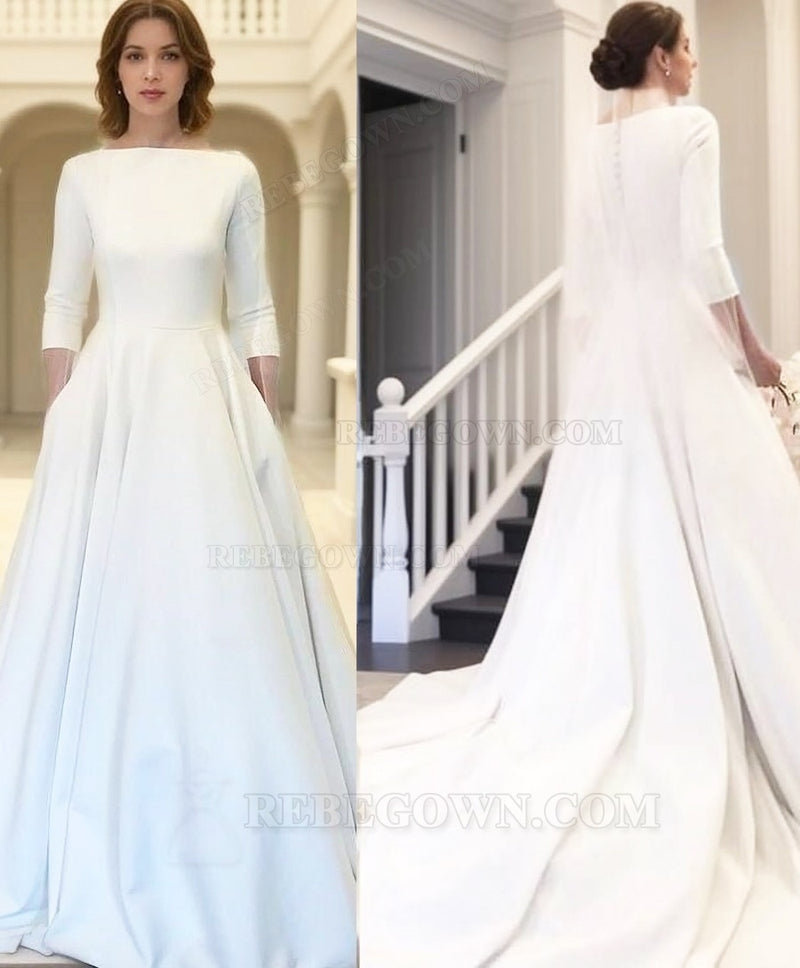 A Line Long Sleeves Satin Long Simple 2027 Wedding Dresses back view