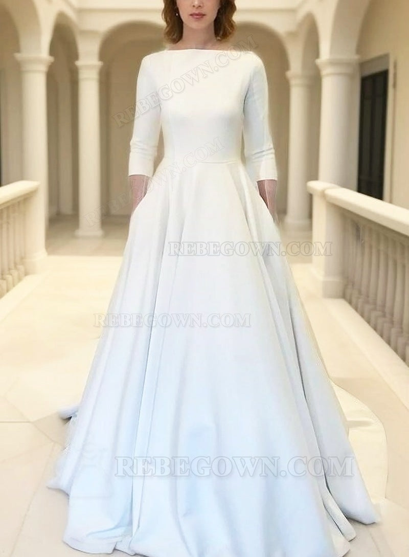 A Line Long Sleeves Satin Long Simple 2027 Wedding Dresses front view