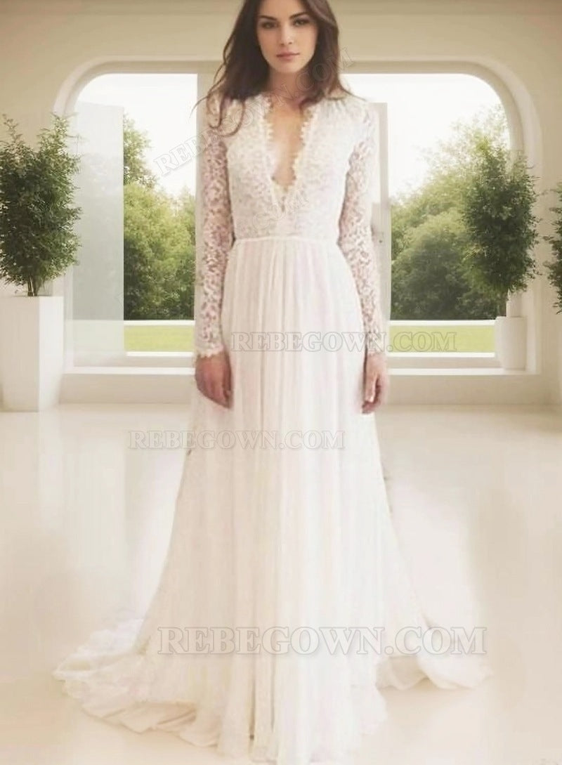 2027 A Line Deep V Neck Lace Long Sleeves Backless Wedding Dresses front view