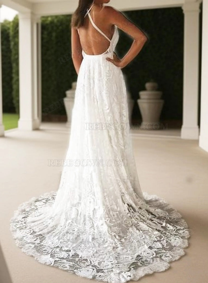 A Line Halter Sweetheart Lace Backless Beach Wedding Dresses 2027 back view