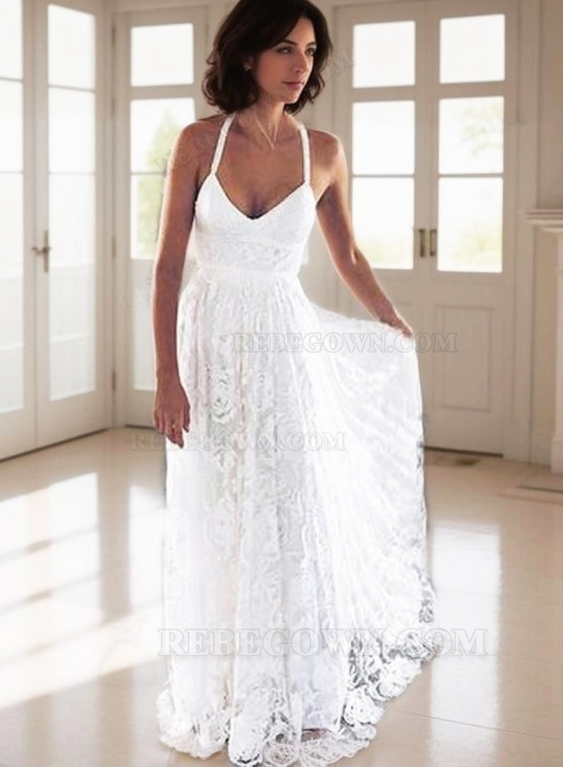 A Line Halter Sweetheart Lace Backless Beach Wedding Dresses 2027 front view