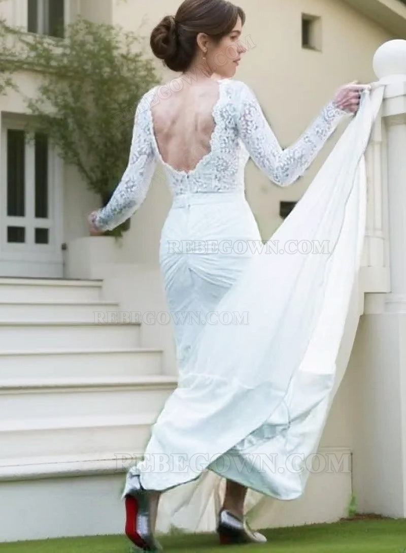 Sheath Deep V Neck Long Sleeves Backless Lace 2027 Wedding Dresses back view