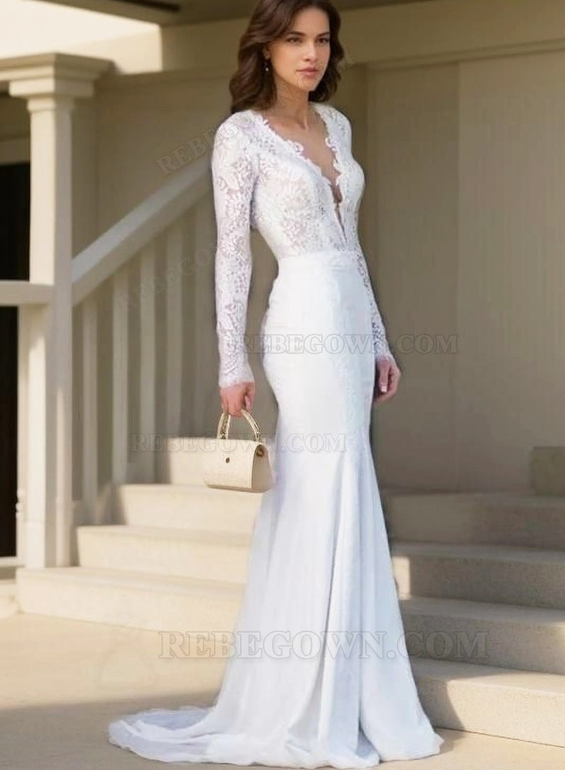 Sheath Deep V Neck Long Sleeves Backless Lace 2027 Wedding Dresses front view