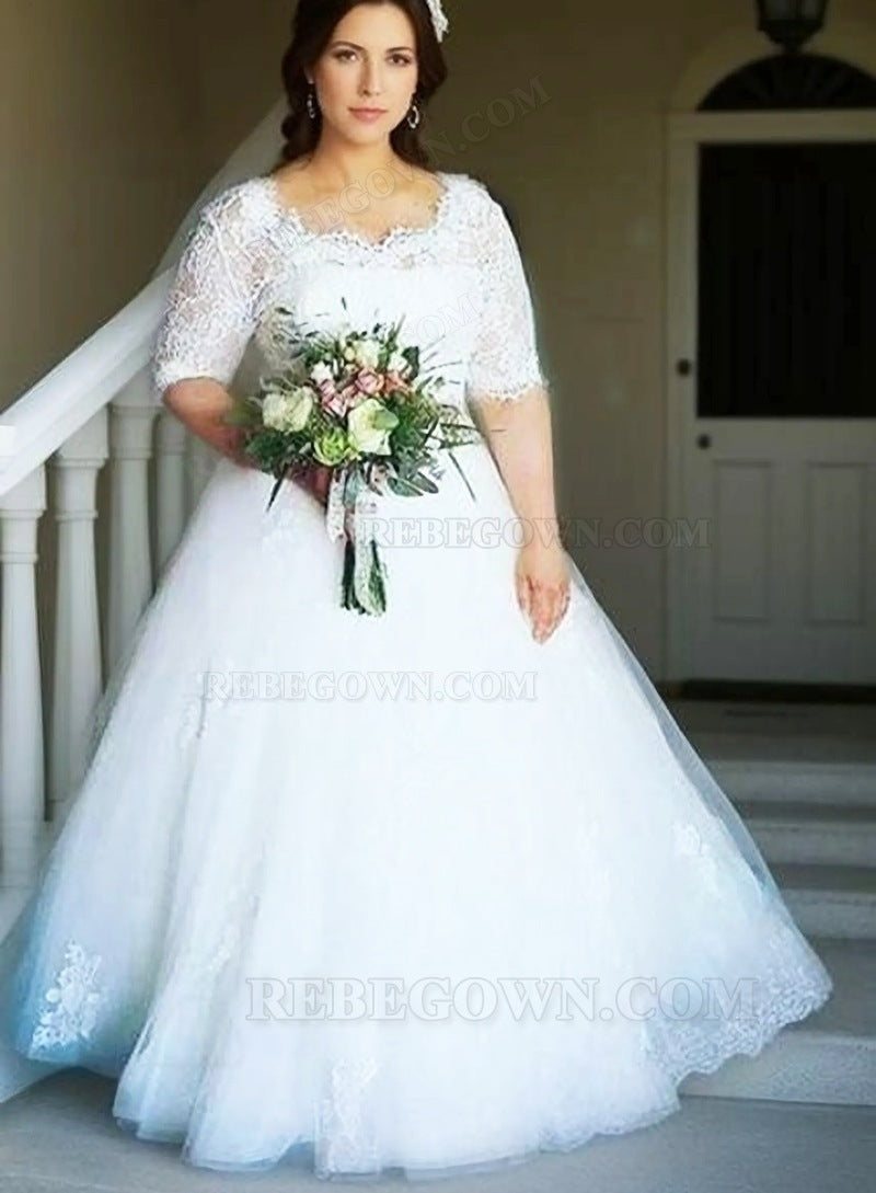 2027 A Line Half Sleeves Tulle Neck Lace Plus Size Wedding Dresses front view