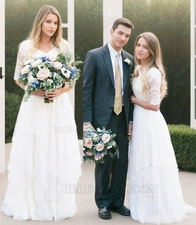2027 A Line V Neck Short Sleeves Lace Outdoor Wedding Dresses back view