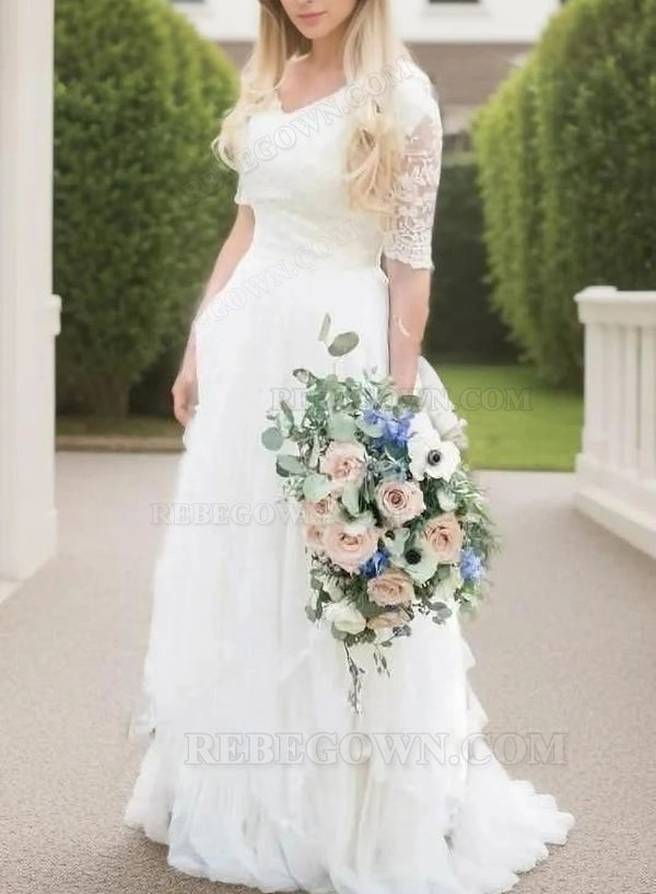 2027 A Line V Neck Short Sleeves Lace Outdoor Wedding Dresses front view