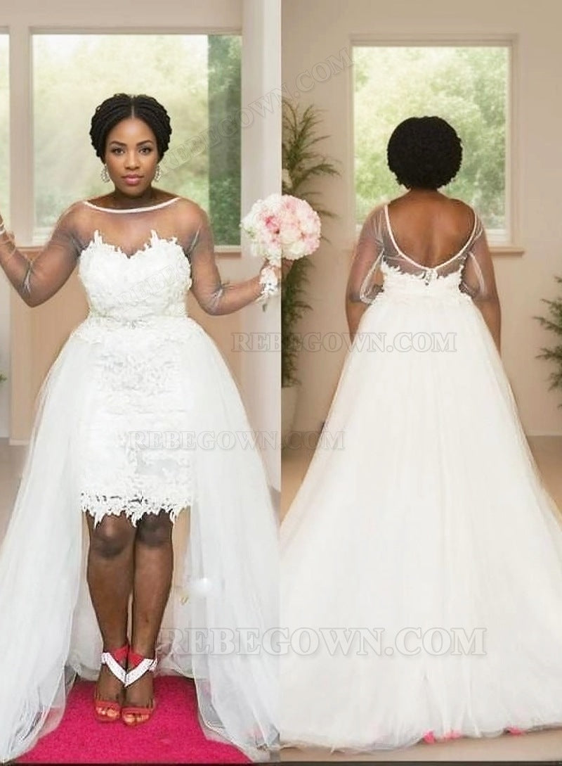 2027 A Line High Low See Through Long Sleeves Tulle Short Sweetheart Plus Size Wedding Dresses front view