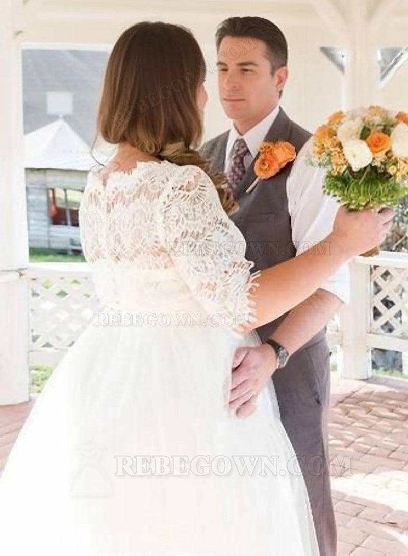2027 A Line Tea Length Half Sleeves Lace Tulle Sweetheart Plus Size Short Wedding Dresses back view