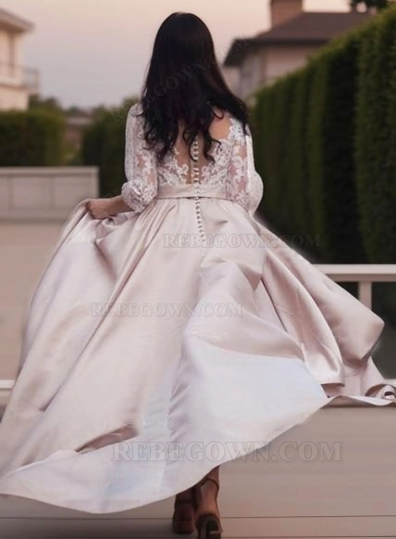2027 A Line Satin Champagne Long Sleeves Sweetheart Lace Plus Size Wedding Dresses back view