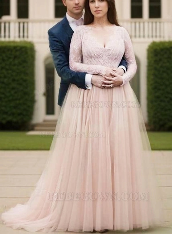 2027 A Line V Neck Lace Pink Long Sleeves Tulle Plus Size Wedding Dresses front view