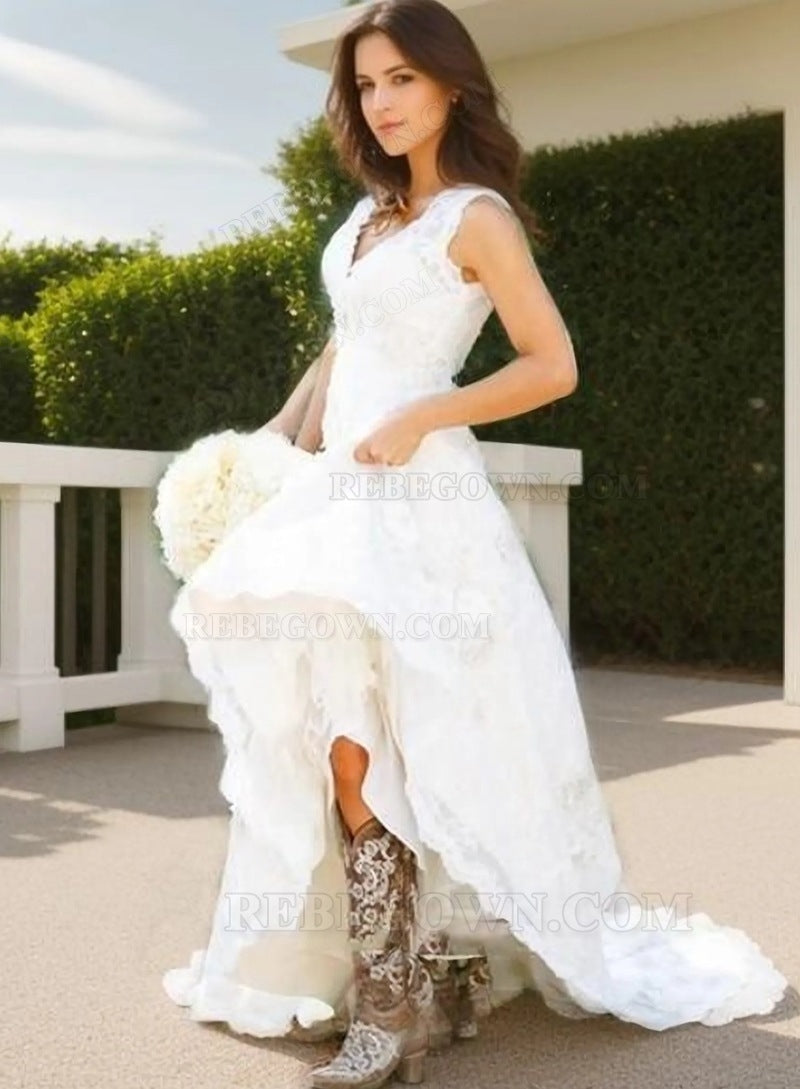 2027 Vintage A Line V Neck Lace Long Wedding Dresses front view