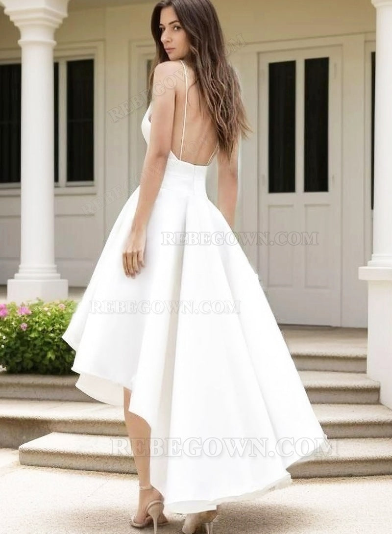 2027 A Line High Low Satin Backless Short Sweetheart Beach Wedding Dresses back view