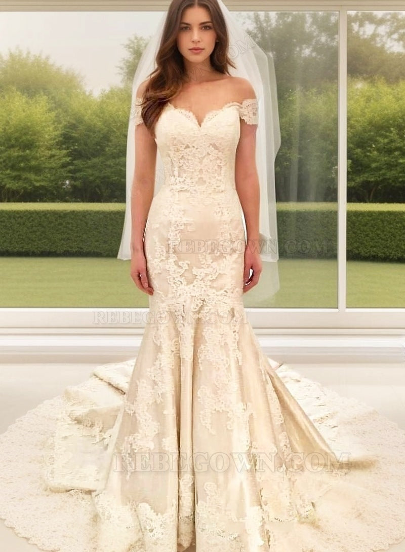 Mermaid Beige Off Shoulder Applique Bodice Chapel Train Wedding Dresses front view
