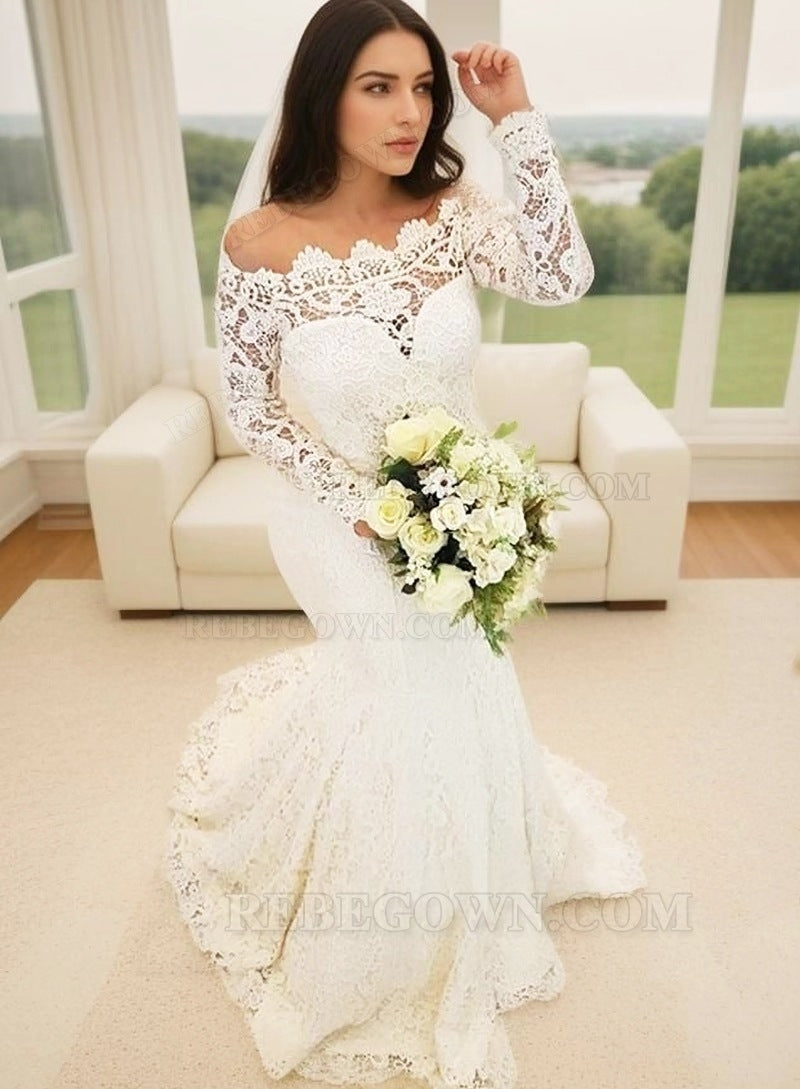 Lace Long Sleeve Beige Sweetheart Mermaid Off Shoulder Wedding Dresses front view