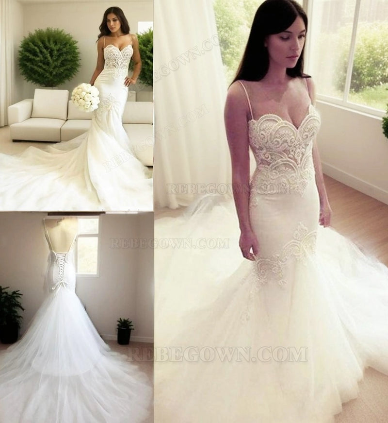 Beige Lace Up Spaghetti Strap Sweetheart Backless Mermaid Tulle Wedding Dresses back view