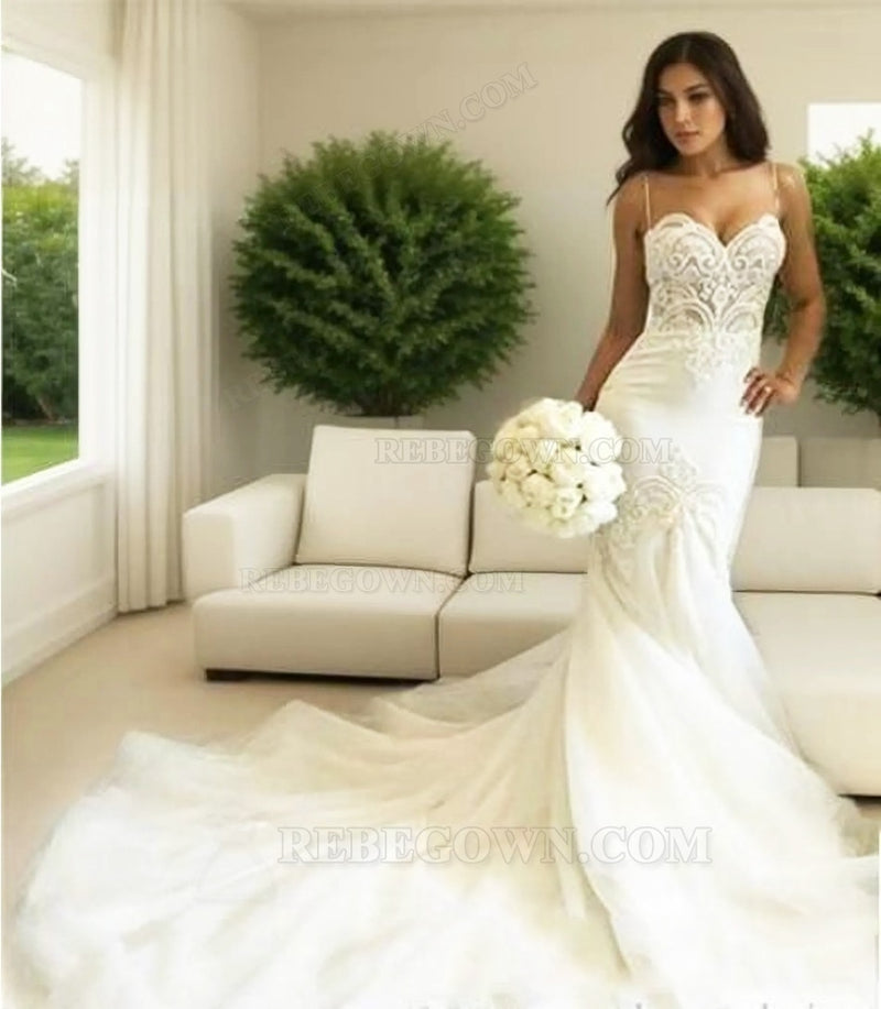 Beige Lace Up Spaghetti Strap Sweetheart Backless Mermaid Tulle Wedding Dresses front view