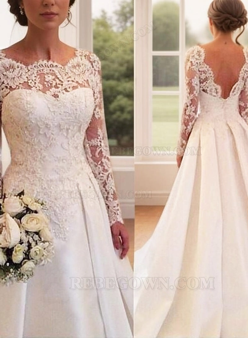 Sheer Long Sleeve Lace Backless Sweetheart Pleated White Wedding Dresses front view
