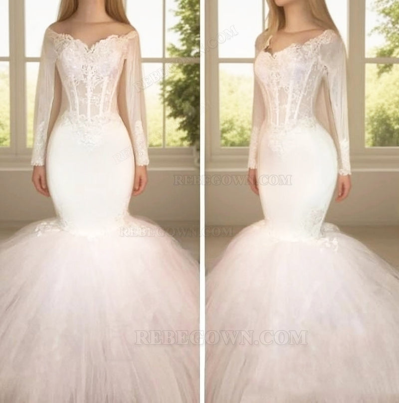 Long Sleeve White Off Shoulder Mermaid Droped Tulle Applique Wedding Dresses front view