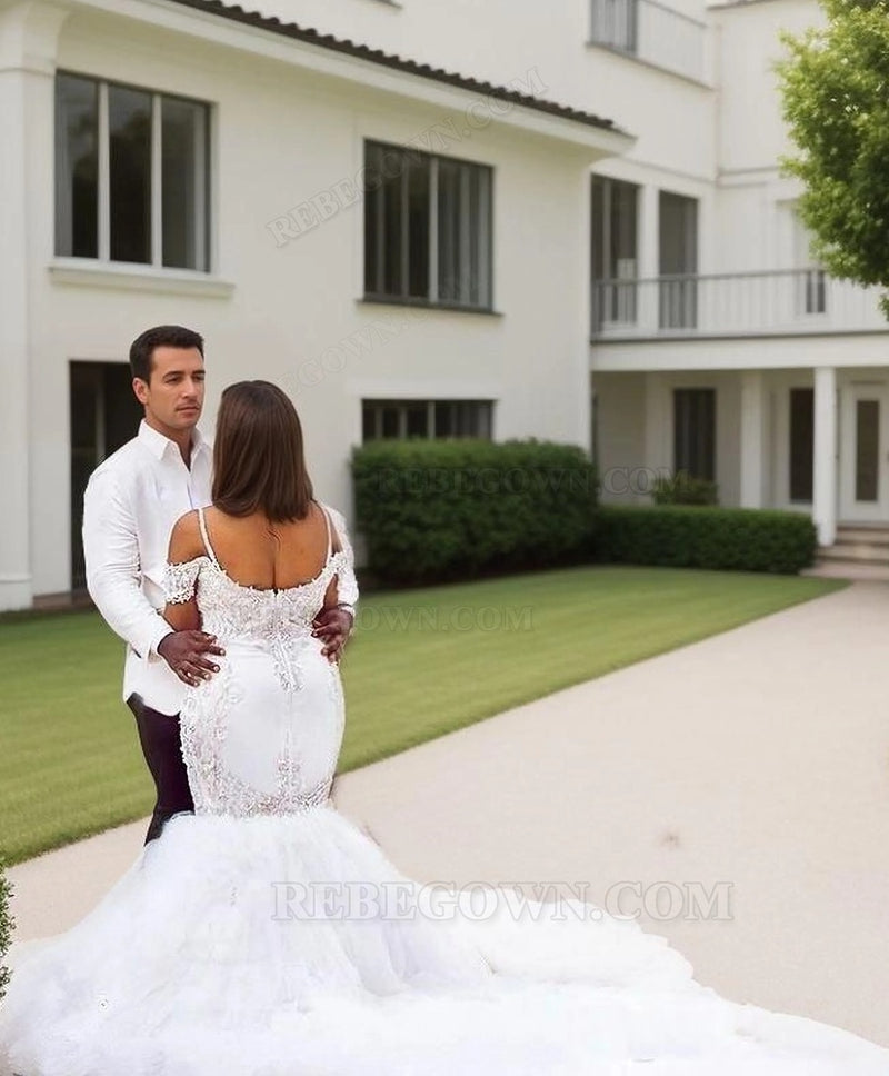Spaghetti Straps Off Shoulder Cathedral Train Tiers Droped Backless White Wedding Dresses back view