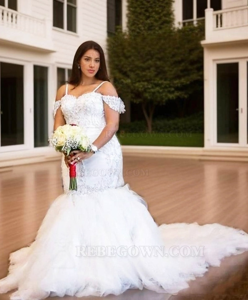 Spaghetti Straps Off Shoulder Cathedral Train Tiers Droped Backless White Wedding Dresses front view