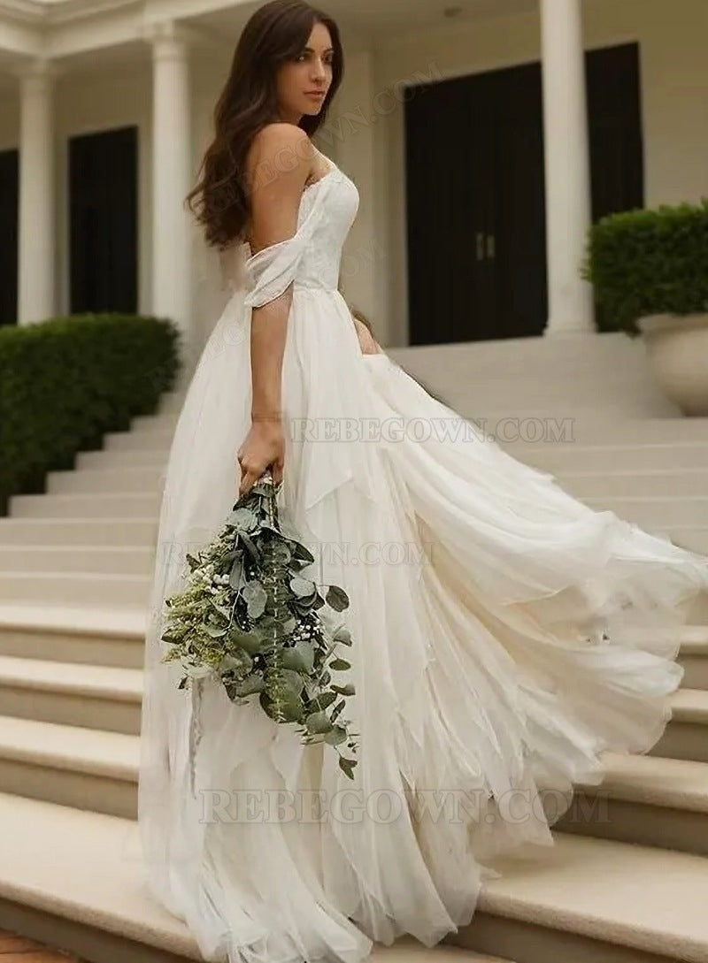 Ruffle Tiers Floor Length Off Shoulder Backless Chiffon Wedding Dresses front view
