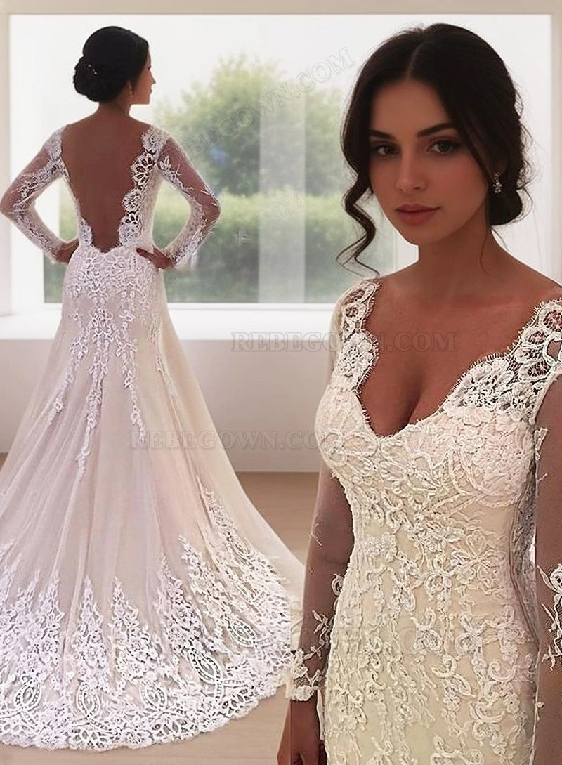 Sheer Long Sleeve Beige V Neck Sweetheart Mermaid Chapel Train Backless Wedding Dresses front view