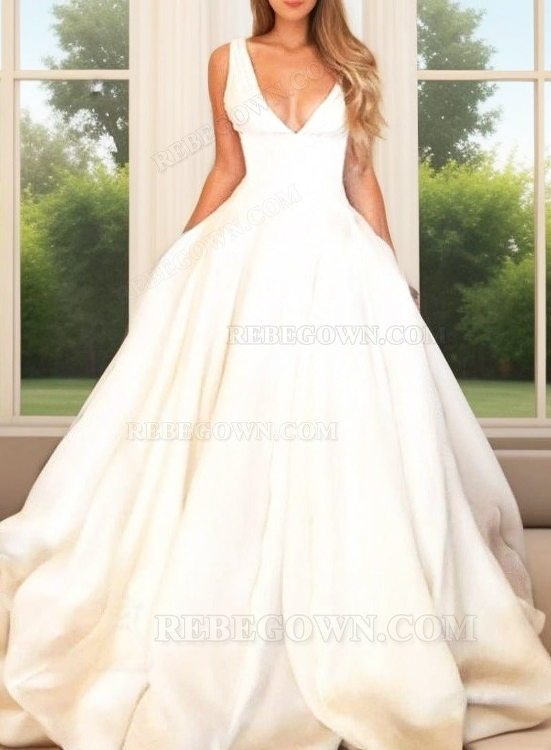 Ball Gown Ivory Deep V Neck Pleated Court Train Wedding Dresses front view