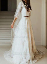 2027 Princess A-Line Wedding Dresses Chiffon Long Sleeves Lace Two Pieces Beach Bridal Gowns back view