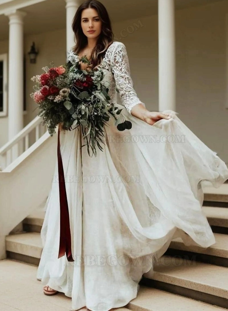 2027 Princess A-Line Wedding Dresses Chiffon Long Sleeves Lace Two Pieces Beach Bridal Gowns front view