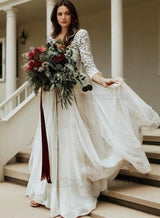 2027 Princess A-Line Wedding Dresses Chiffon Long Sleeves Lace Two Pieces Beach Bridal Gowns front view