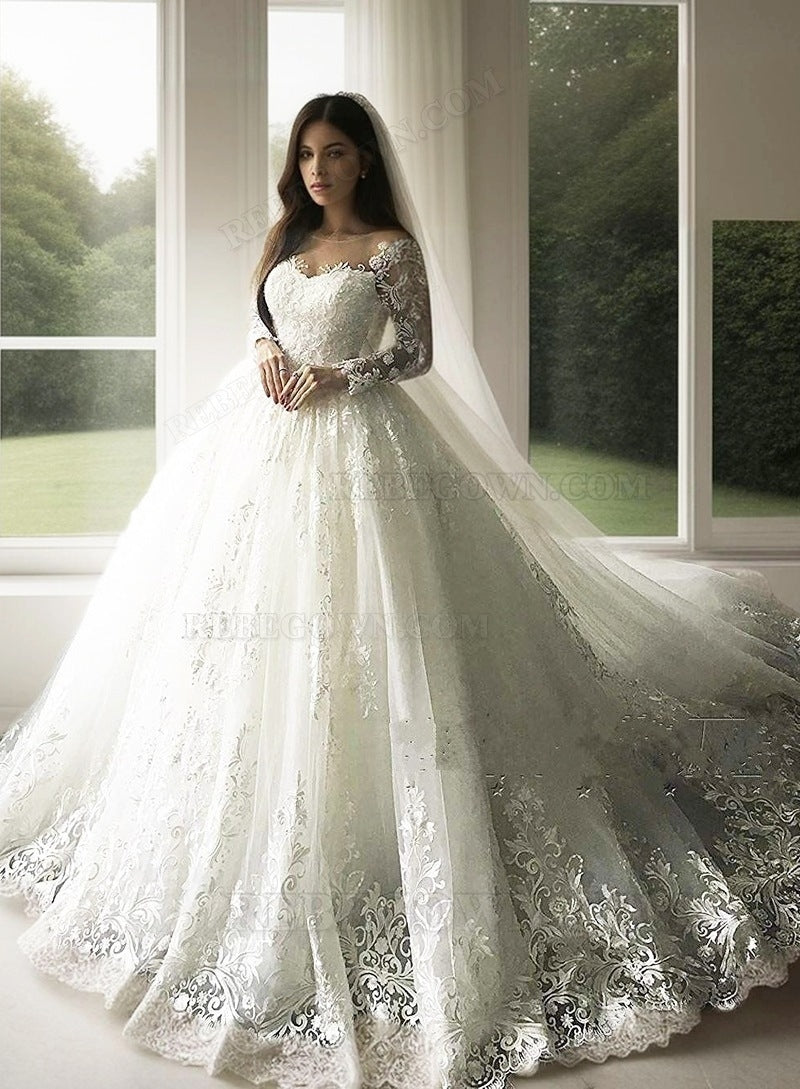 2027 Long Sleeves Wedding Dresses Lace Princess Ball Gown Bridal Gowns front view