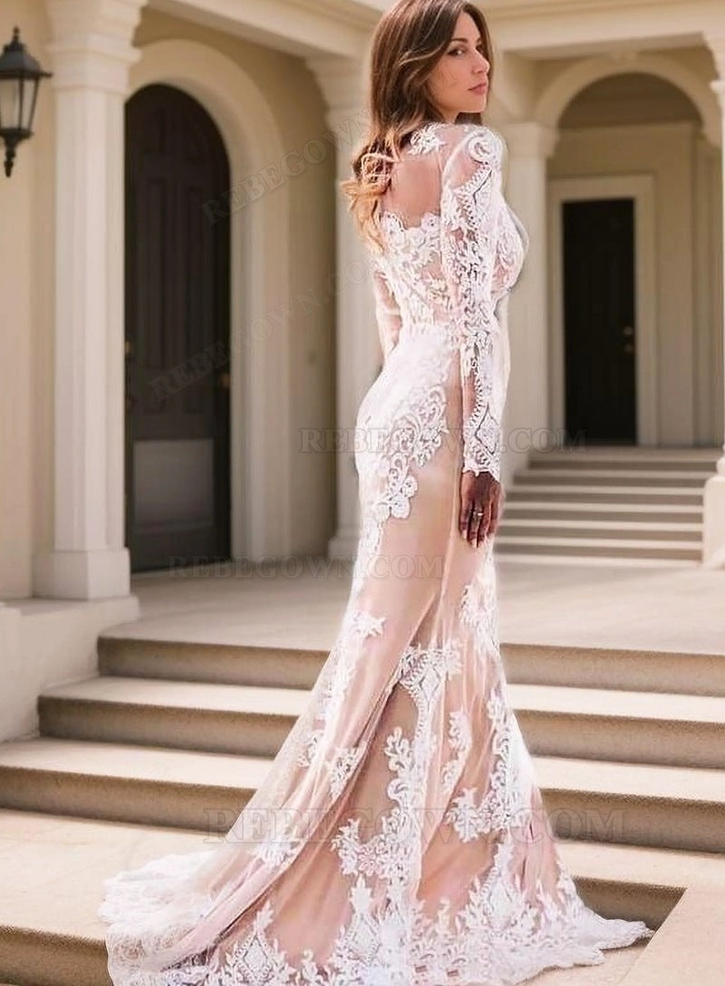 2027 Sheath Wedding Dresses Scoop Champagne With Appliques Long Sleeves Bridal Gowns front view