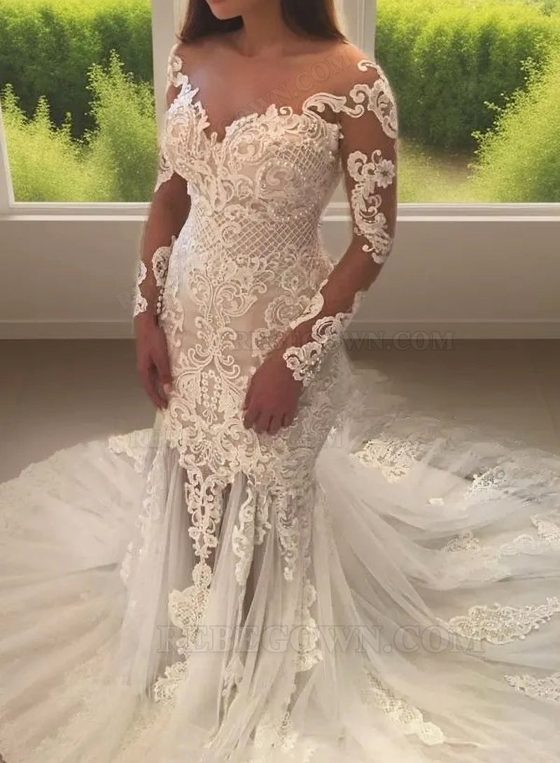 2027 Sheath Wedding Dresses Long Sleeves With Appliques Off Shoulder Bridal Gowns front view