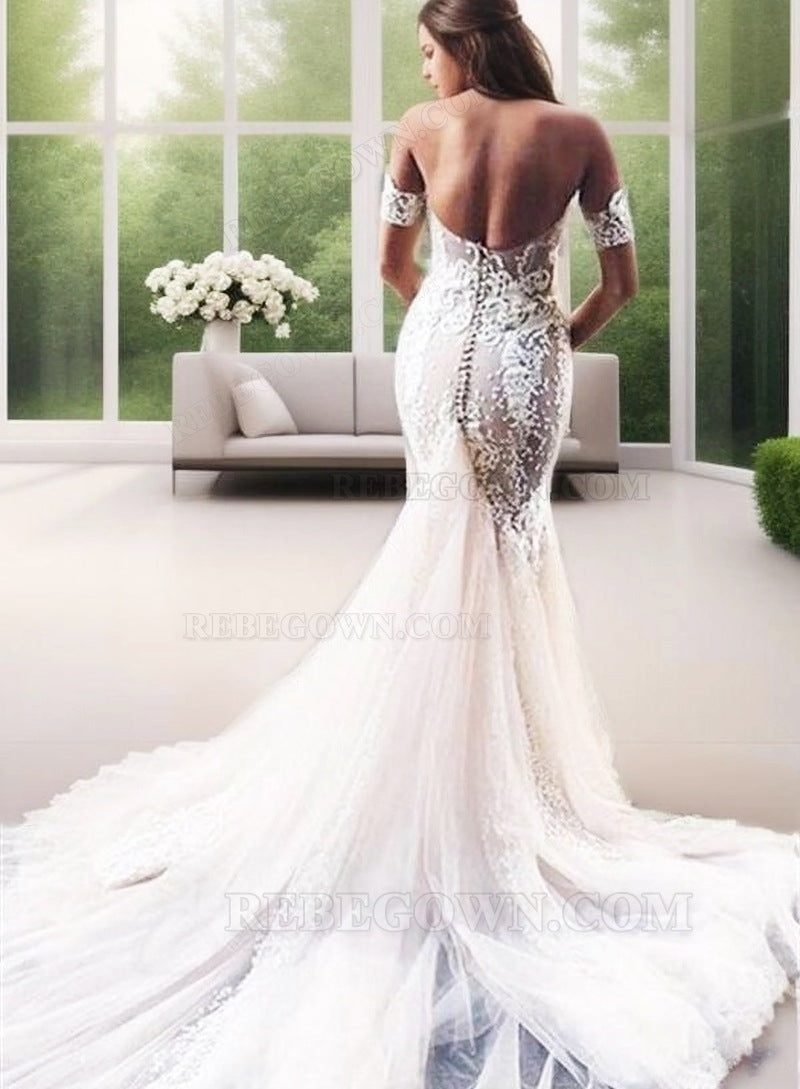 2027 Mermaid Wedding Dresses Tulle Off Shoulder Tulle Backless Sweetheart Bridal Gowns back view