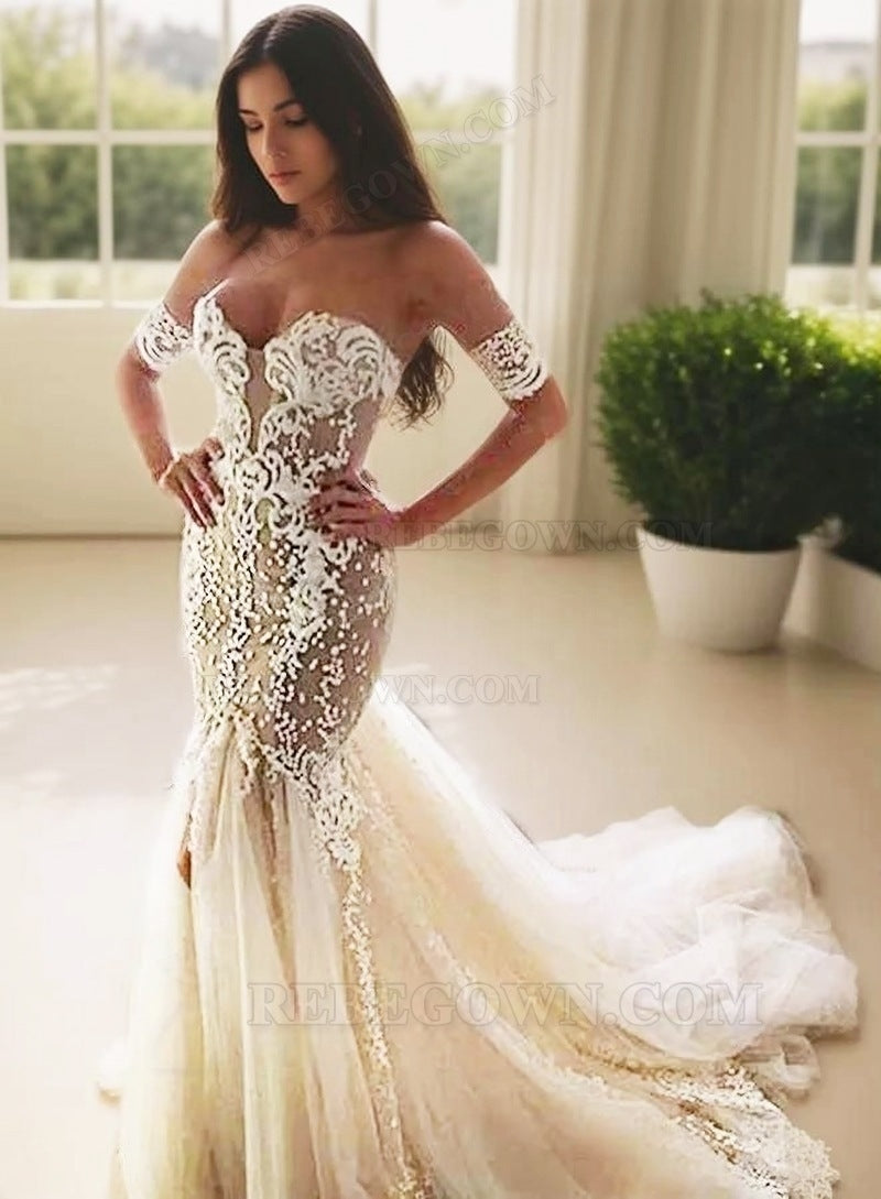 2027 Mermaid Wedding Dresses Tulle Off Shoulder Tulle Backless Sweetheart Bridal Gowns front view
