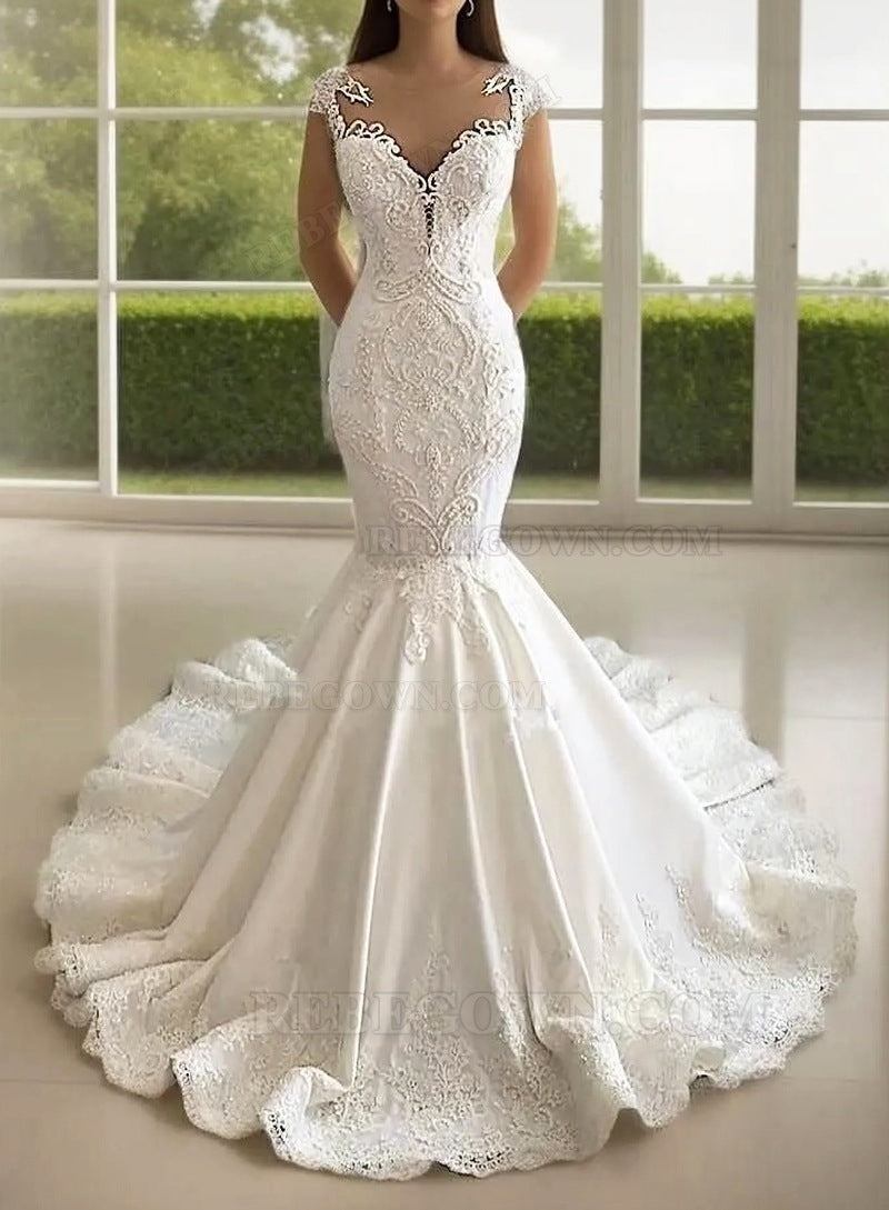 2027 Mermaid Wedding Dresses Backless Sweetheart Satin Lace Bridal Gowns front view
