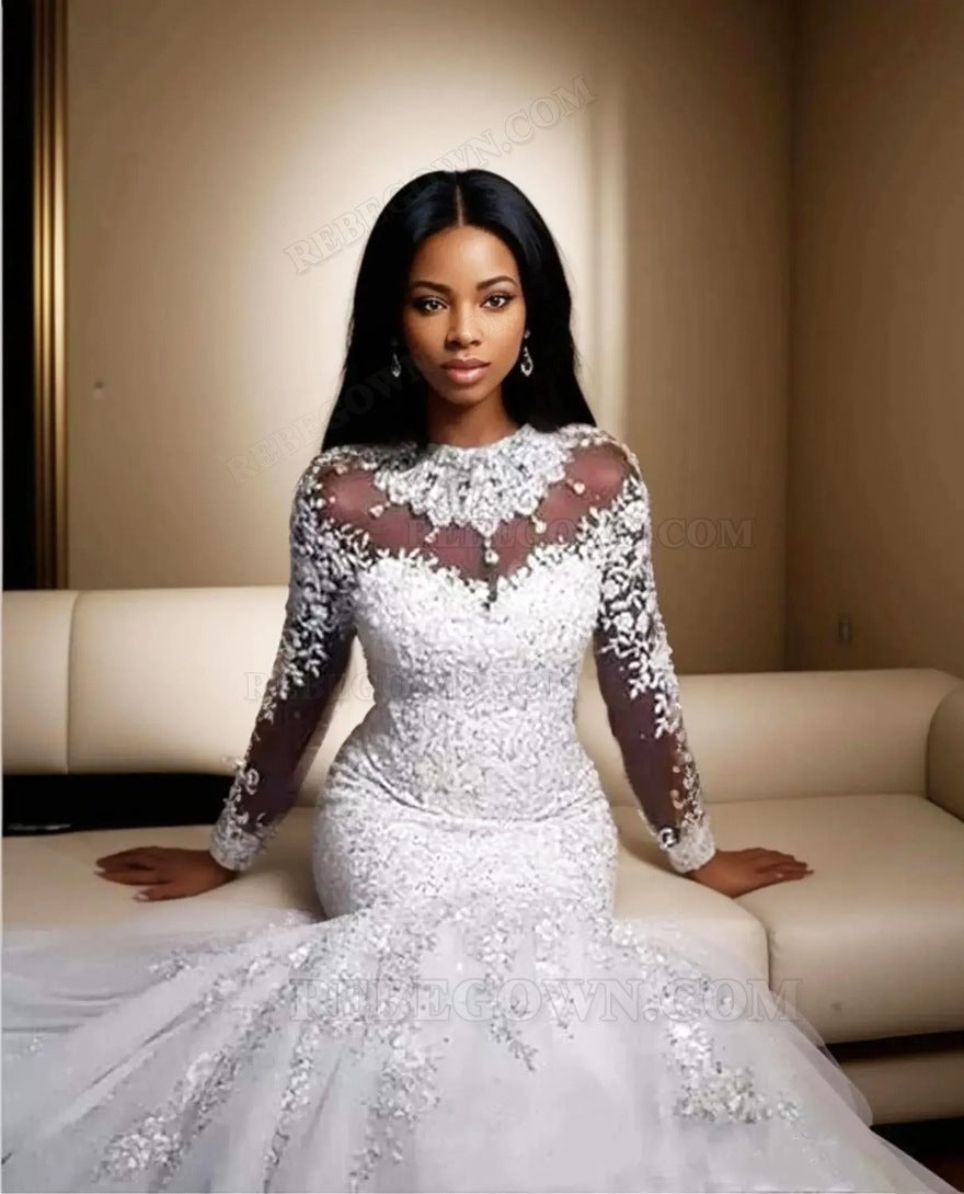 2027 Mermaid Wedding Dresses High Neck Luxury Long African American Bridal Gowns front view
