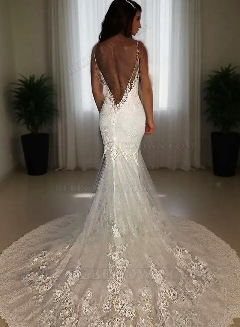 2027 Mermaid Wedding Dresses Sweetheart Backless Lace Beach Bridal Gowns side view
