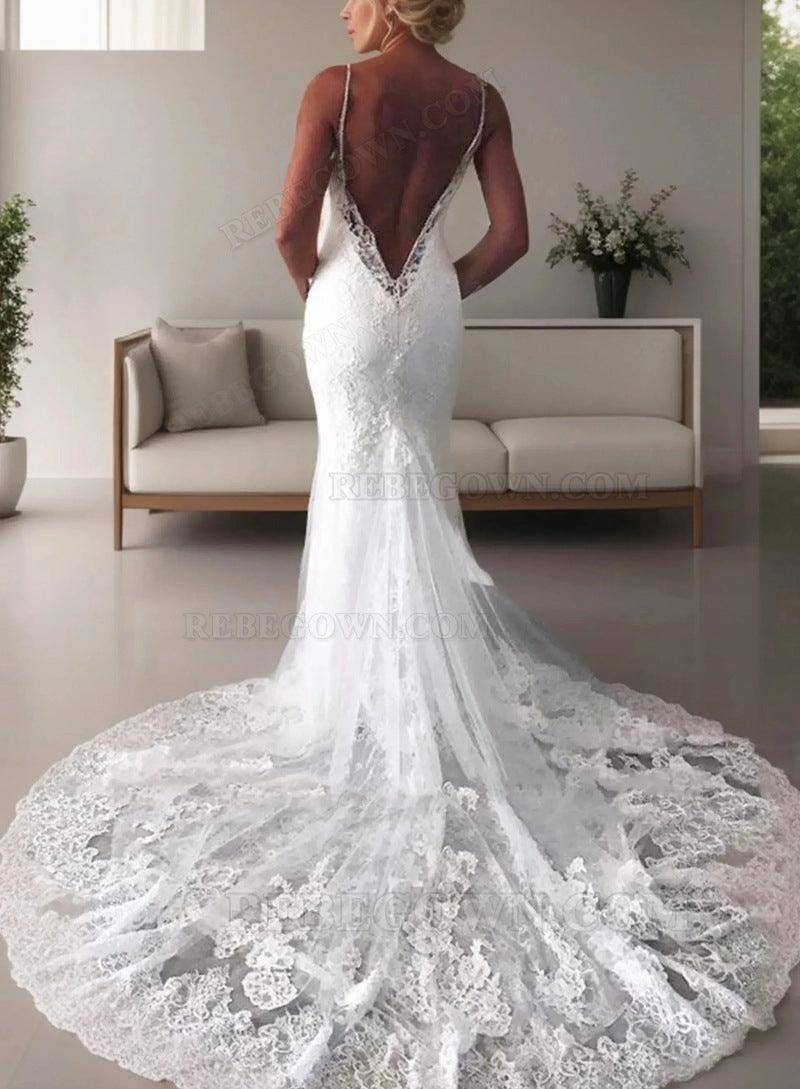 2027 Mermaid Wedding Dresses Sweetheart Backless Lace Beach Bridal Gowns front view