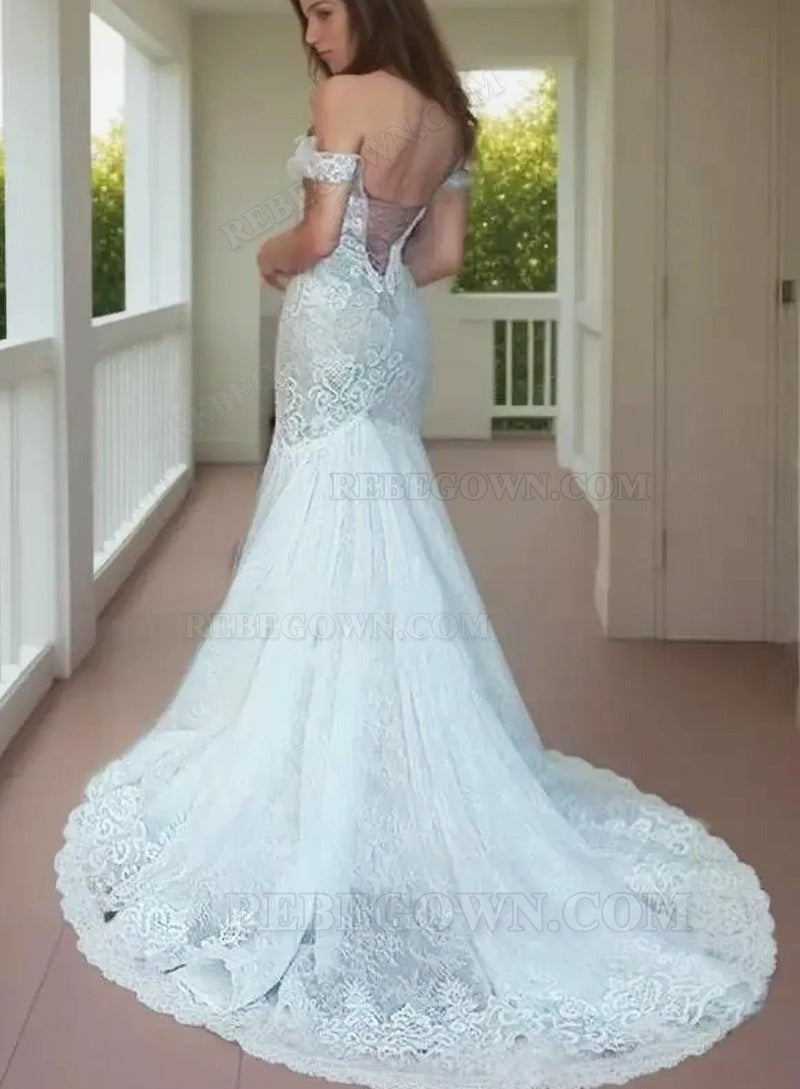 2027 Mermaid Wedding Dresses Sweetheart Off Shoulder Lace Up Back Lace Bridal Gowns back view