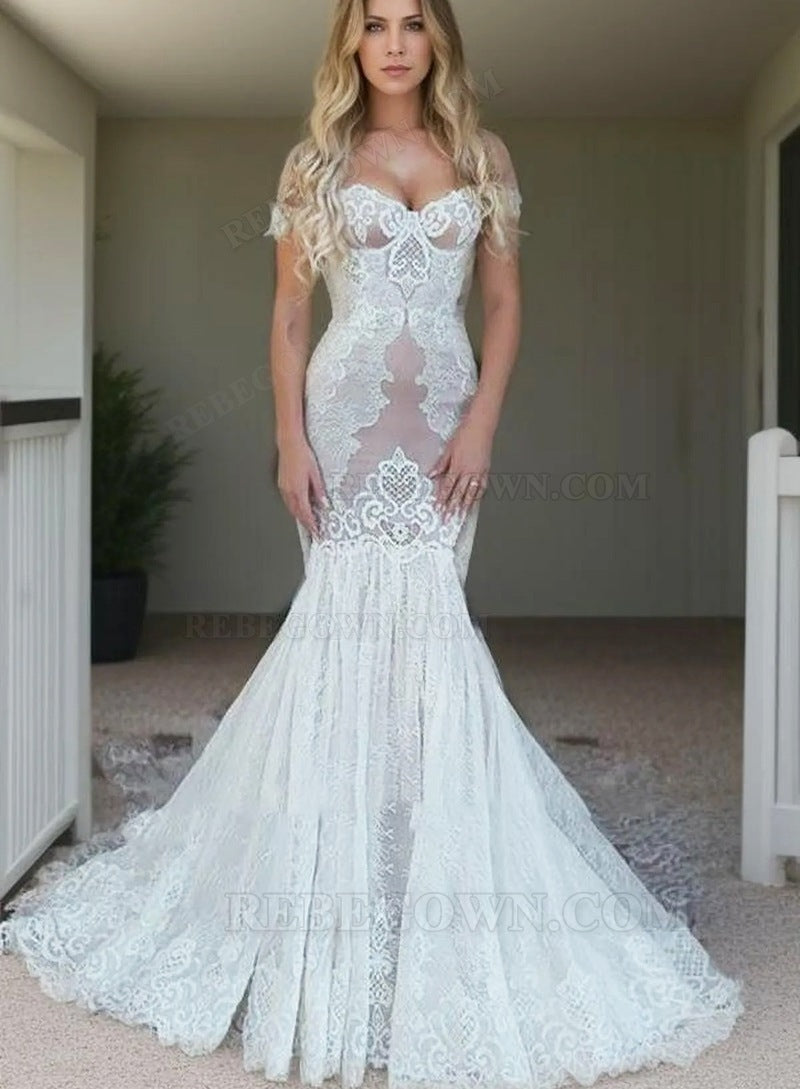 2027 Mermaid Wedding Dresses Sweetheart Off Shoulder Lace Up Back Lace Bridal Gowns front view