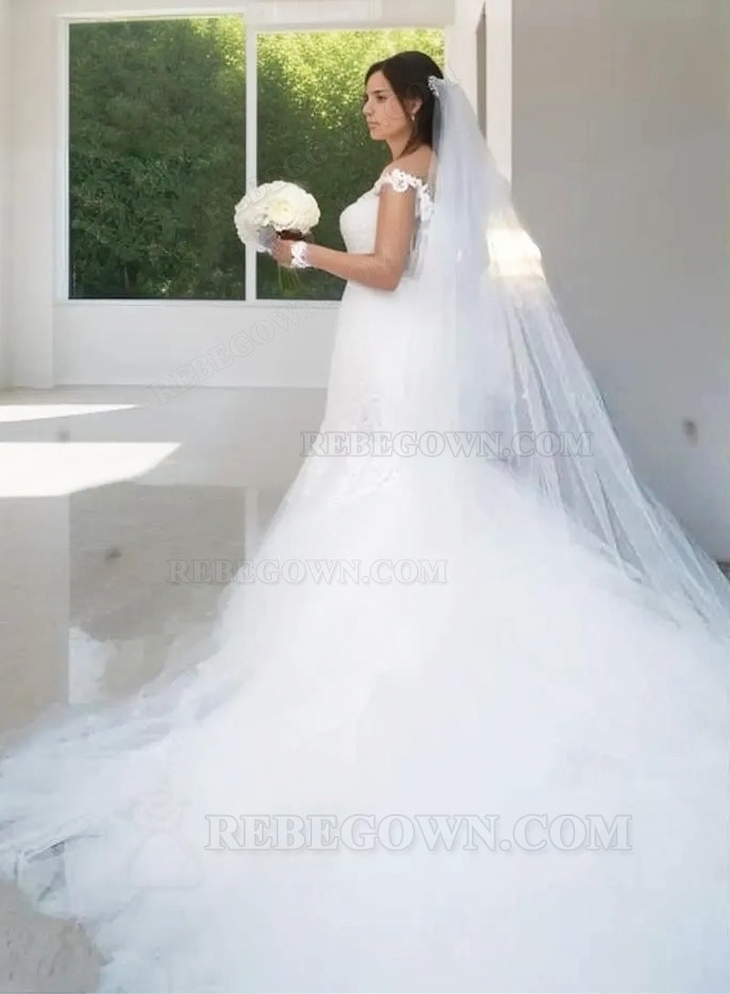 2027 Mermaid Wedding Dresses White Sweetheart Off Shoulder Tulle Long Sleeves Bridal Gowns back view