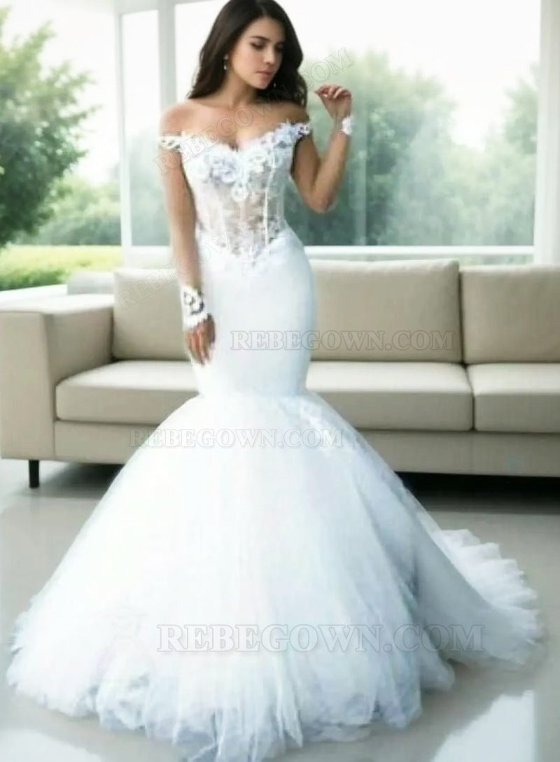 2027 Mermaid Wedding Dresses White Sweetheart Off Shoulder Tulle Long Sleeves Bridal Gowns front view